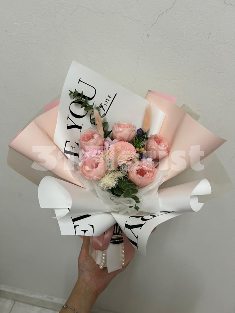 Pink Austin Rose Preserved Flower Bouquet 粉色奥斯丁永生花花束